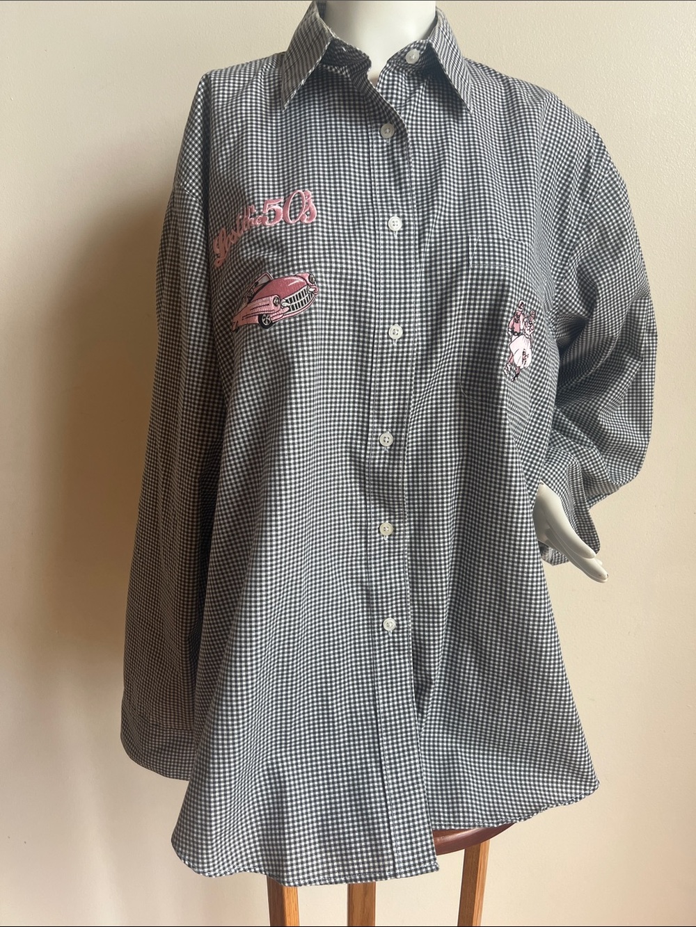 Las Olas 50's convertible pink poodle Gingham Button-Up Shirt with Embroidery
